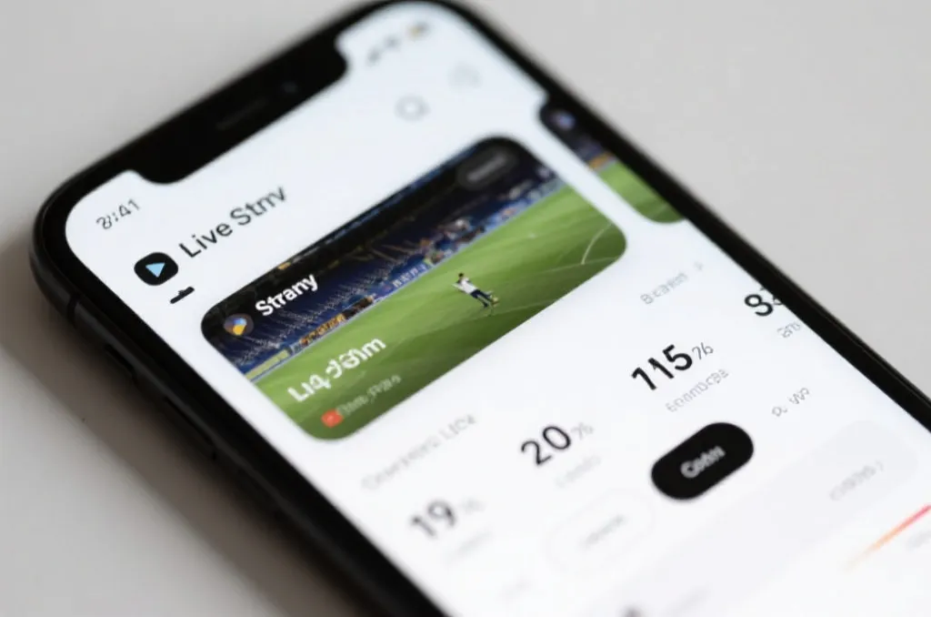 Close-up of a smartphone screen displaying a live sports streaming app with real-time stats and football match background