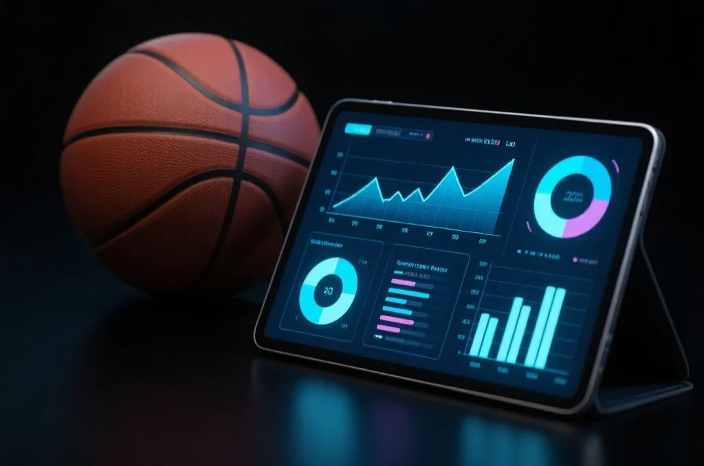A tablet displaying generic abstract glowing graphs and statistical data charts next to a basketball on a dark background